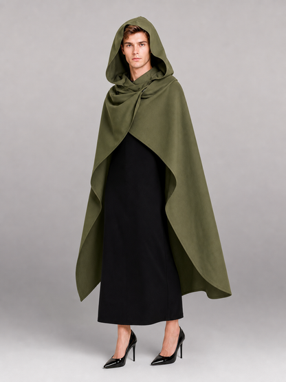 Medieval Hooded Cloak, Olive Green Full-Length Cape with Pointed Hood and Front Tie for Cosplay and Role-Playing