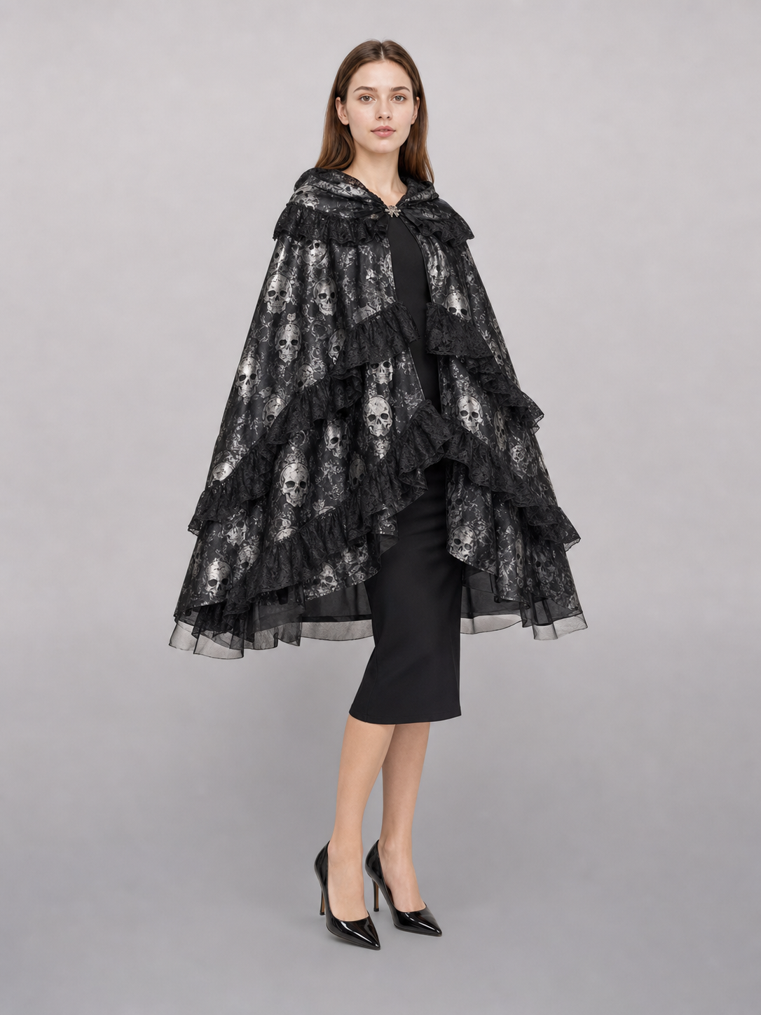 Gothic witch costume for Halloween and cosplay: dress, long gloves, and stockings