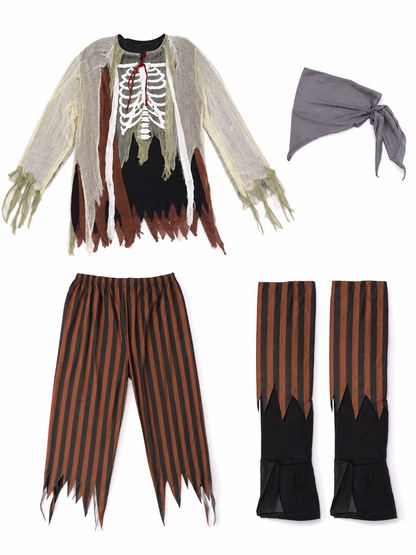 Pirate costume for masquerade and cosplay in a distressed pirate style. The set includes a long-sleeve top with a skeleton print, black-and-brown vertical striped pants, a black eye patch, and dark brown shoe covers. The top and the edges o