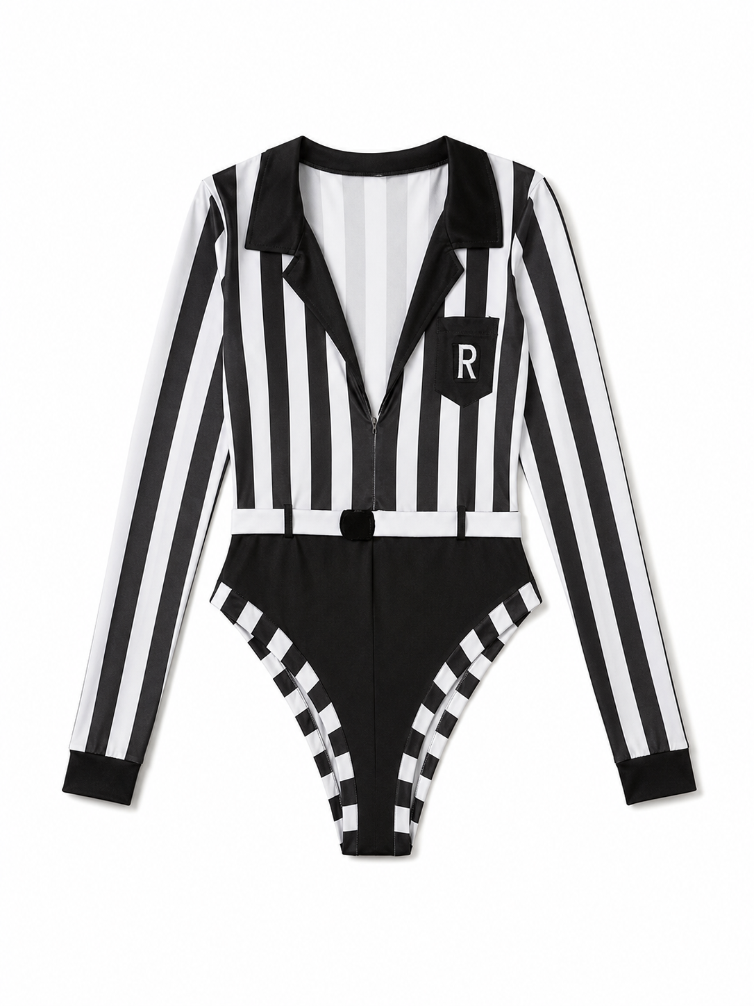 Black and White Striped Jumpsuit with Notched Collar