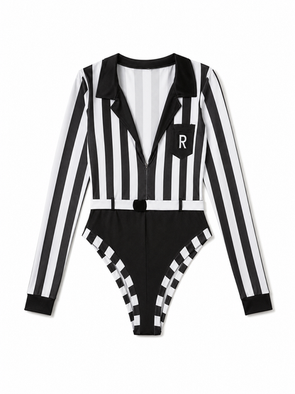 Black and White Striped Jumpsuit with Notched Collar