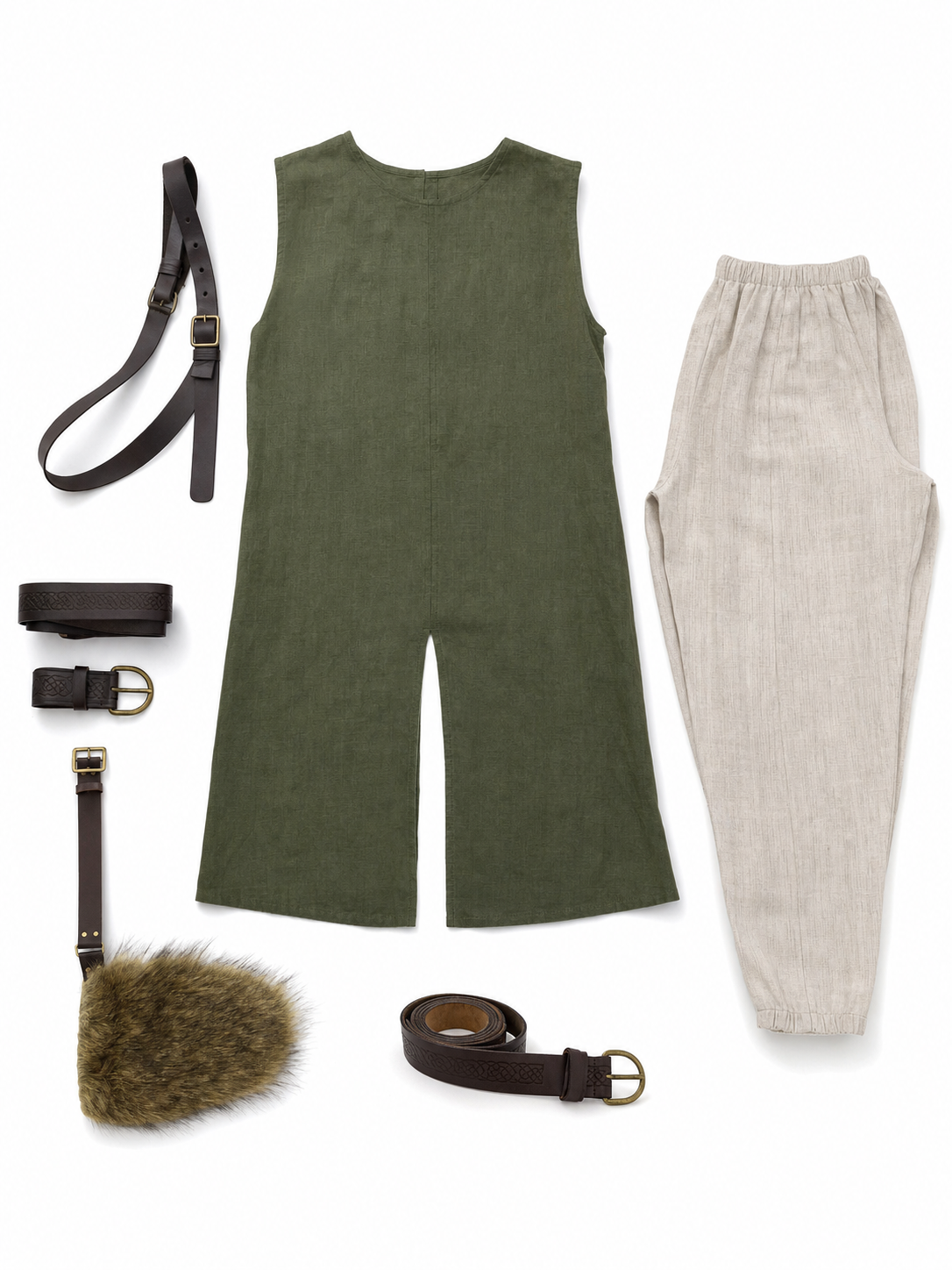 Sleeveless cotton and linen tunic with fur trim