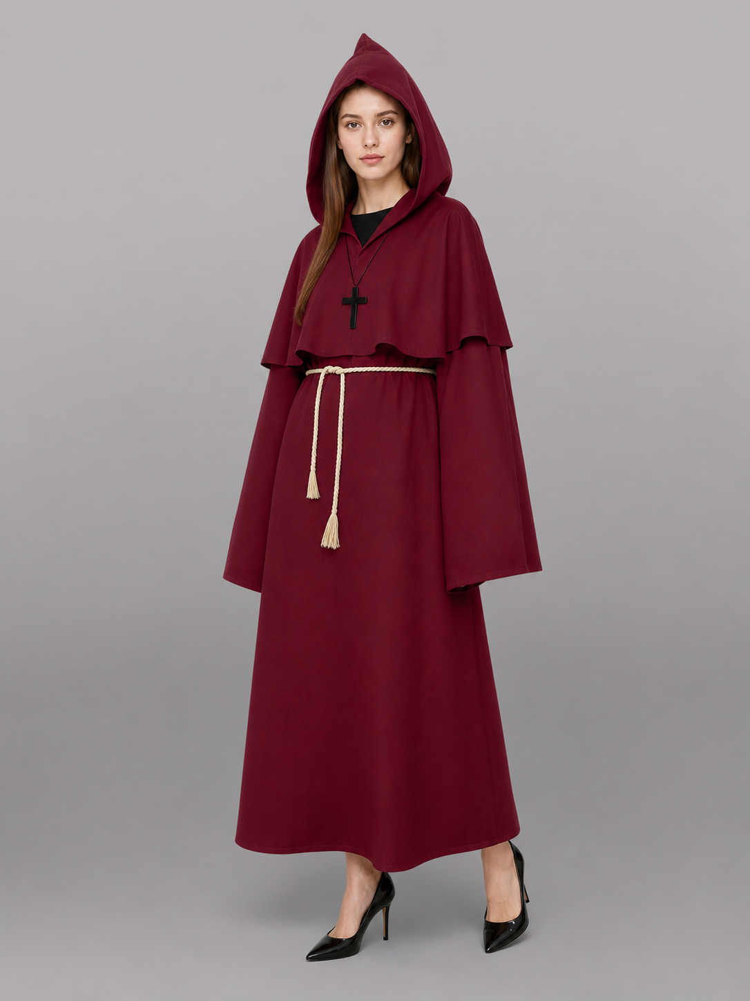 Burgundy Hooded Carnival Cloak for Cosplay