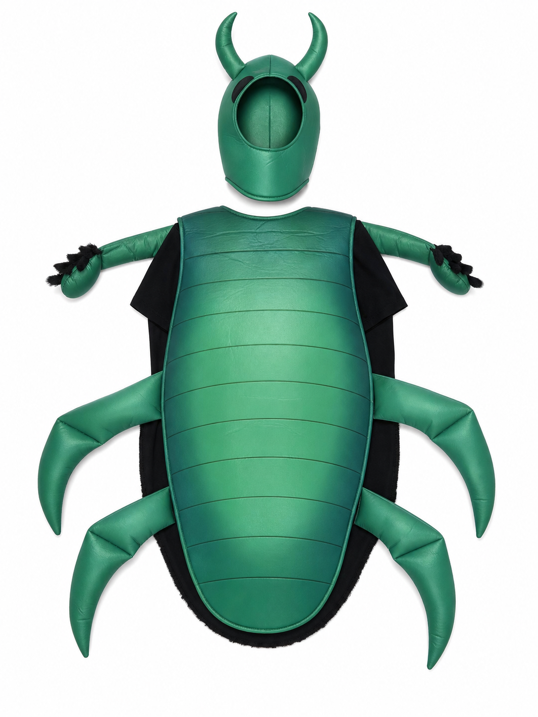 The beetle costume features a full-body insect silhouette with a large segmented green panel on the abdomen. The look is completed by a curved headpiece resembling horns, along with green side and hand elements that imitate insect limbs. Th