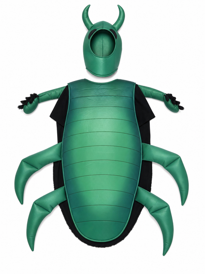 The beetle costume features a full-body insect silhouette with a large segmented green panel on the abdomen. The look is completed by a curved headpiece resembling horns, along with green side and hand elements that imitate insect limbs. Th