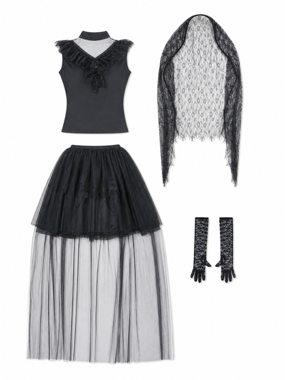 Gothic Dress with Veil and Long Gloves
