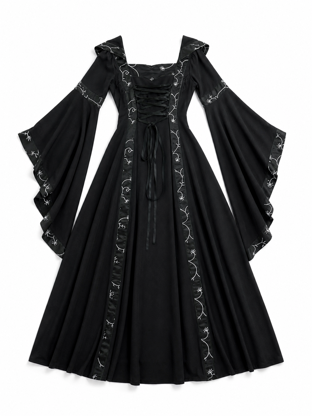 The dress is designed in a gothic style with elements of Victorian aesthetics. The model features a flared silhouette, a square neckline, and long sleeves with flared cuffs. The bodice is decorated with gathers that emphasize the garment’s 