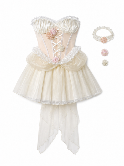 Cosplay Dress with Corset, Train, and Flowers