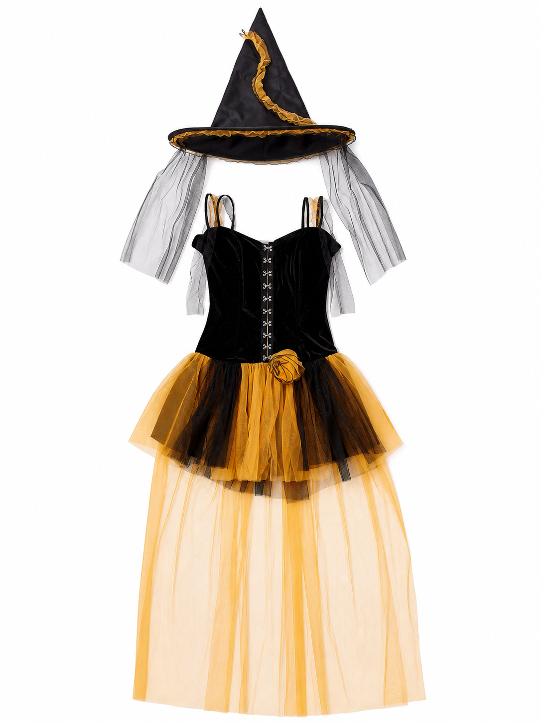 Witch-Style Costume Dress with a Yellow and Black Skirt