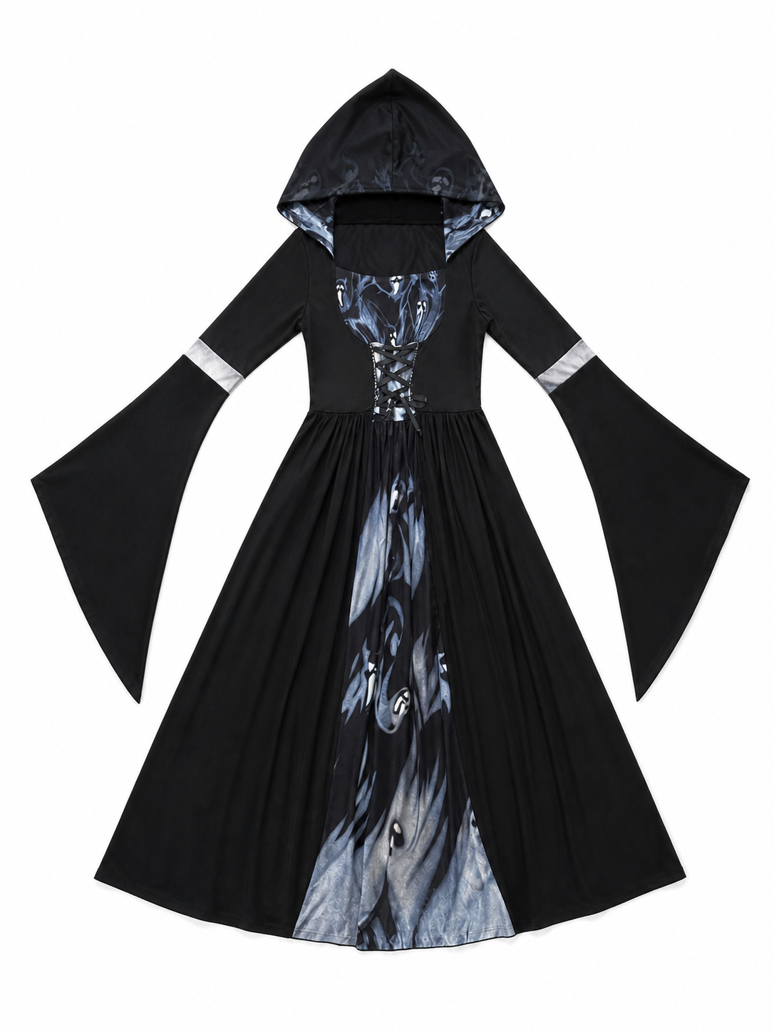 Gothic cosplay dress with hood and skulls
