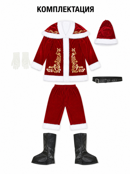 The costume is designed as Santa Claus and includes a top, pants, headwear, a wig with a curly white beard, a belt, gloves, and black boot-shaped shoe covers. It includes a red long-sleeve shirt and straight-leg red pants. White trim along 