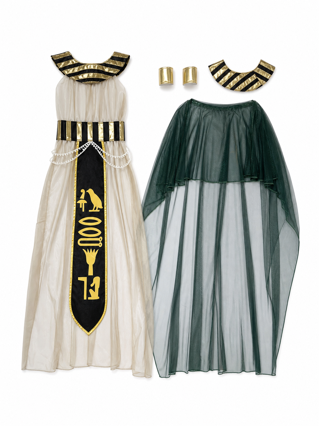 Women’s Egyptian Pharaoh Queen Halloween Cosplay Dress Set with Headpiece, Belt, Arm Accessories and Draped Sleeves for Stage Performance