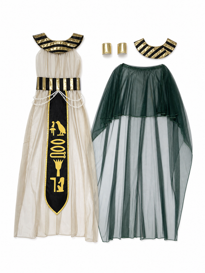 Women’s Egyptian Pharaoh Queen Halloween Cosplay Dress Set with Headpiece, Belt, Arm Accessories and Draped Sleeves for Stage Performance