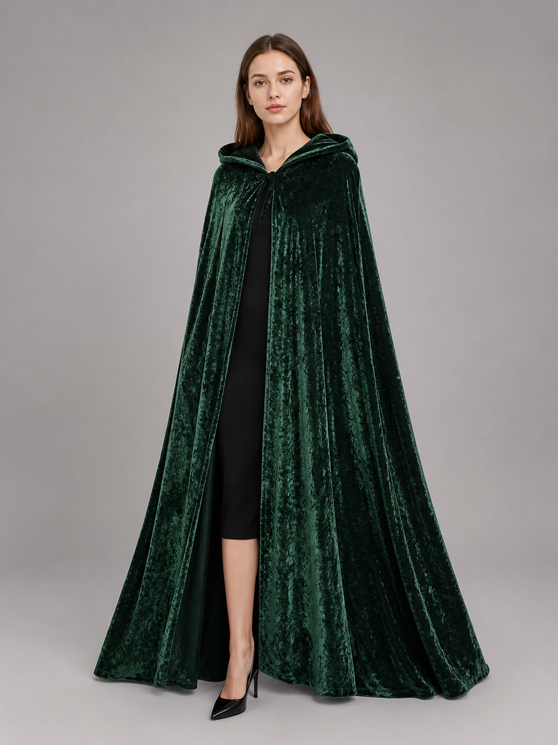 Dark green hooded velvet costume cape product view 72