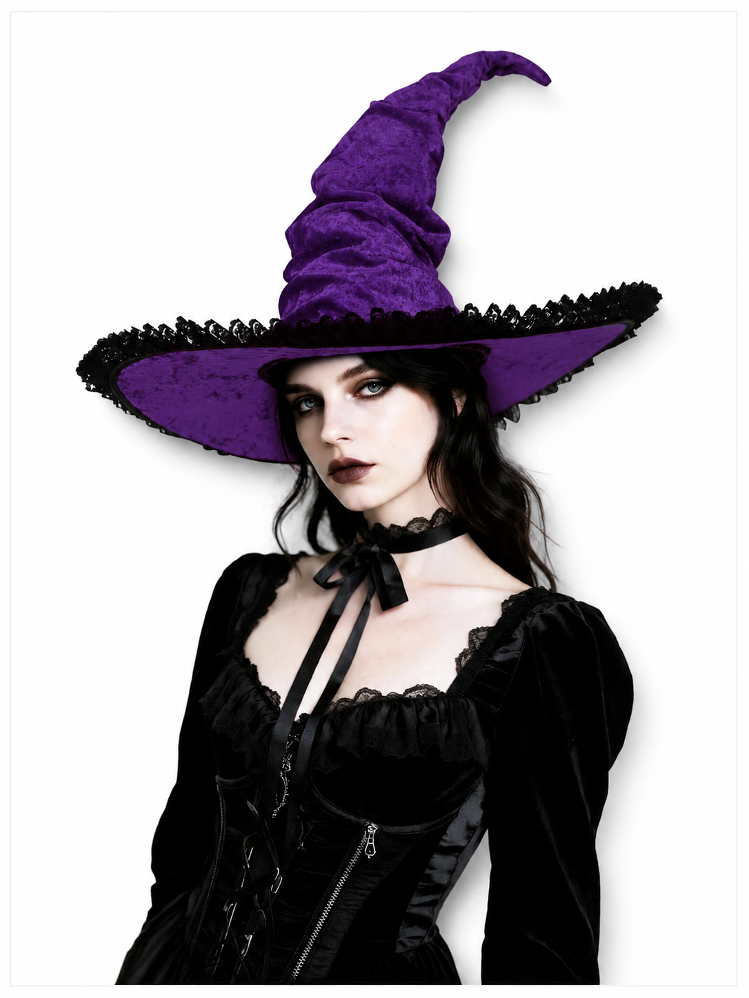 Purple black wide brim witch hat product view 28