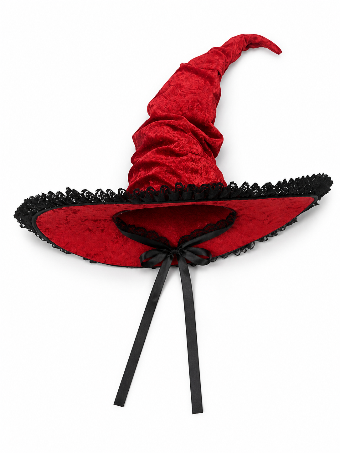 Red and Black Wide Brim Witch Hat, Tall Curved Pointed Top with Black Lace Trim included items