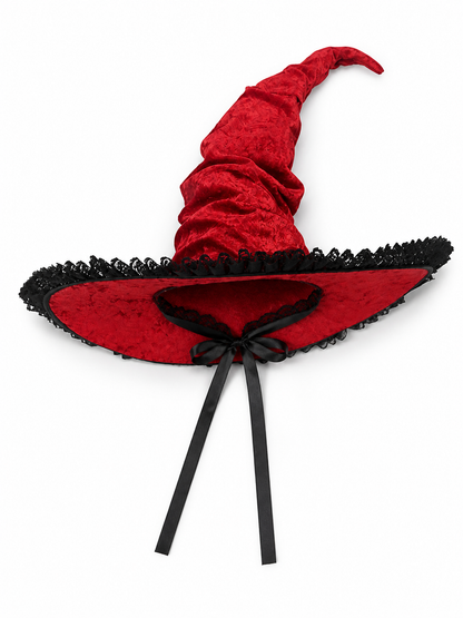 Red and Black Wide Brim Witch Hat, Tall Curved Pointed Top with Black Lace Trim included items