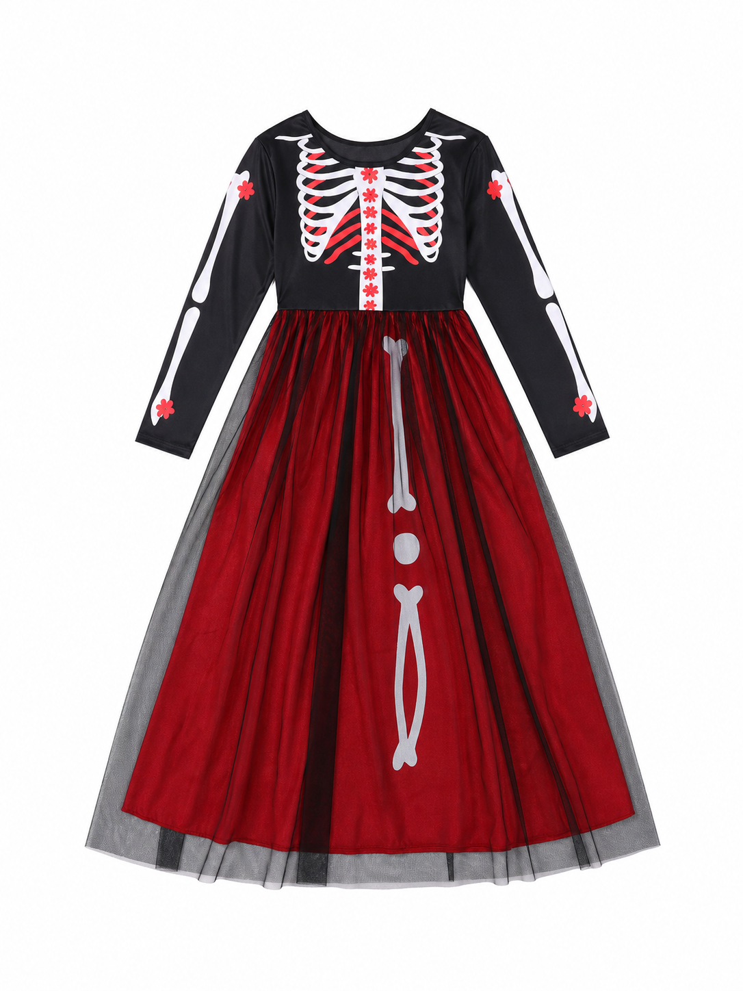 Halloween cosplay dress with a skeleton print