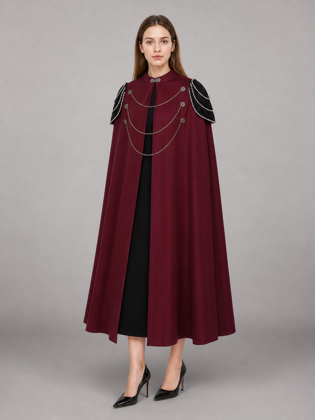 Long burgundy hooded carnival cloak