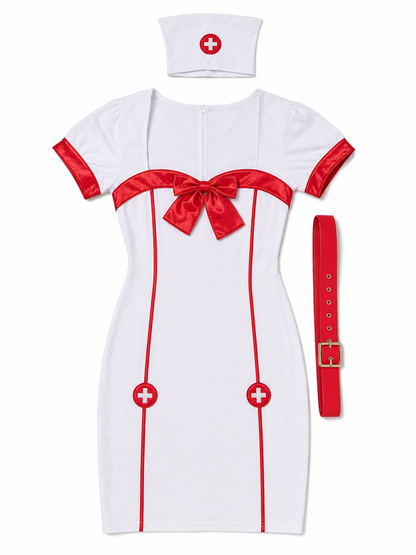 White-and-Red Nurse Costume with Bow and Belt