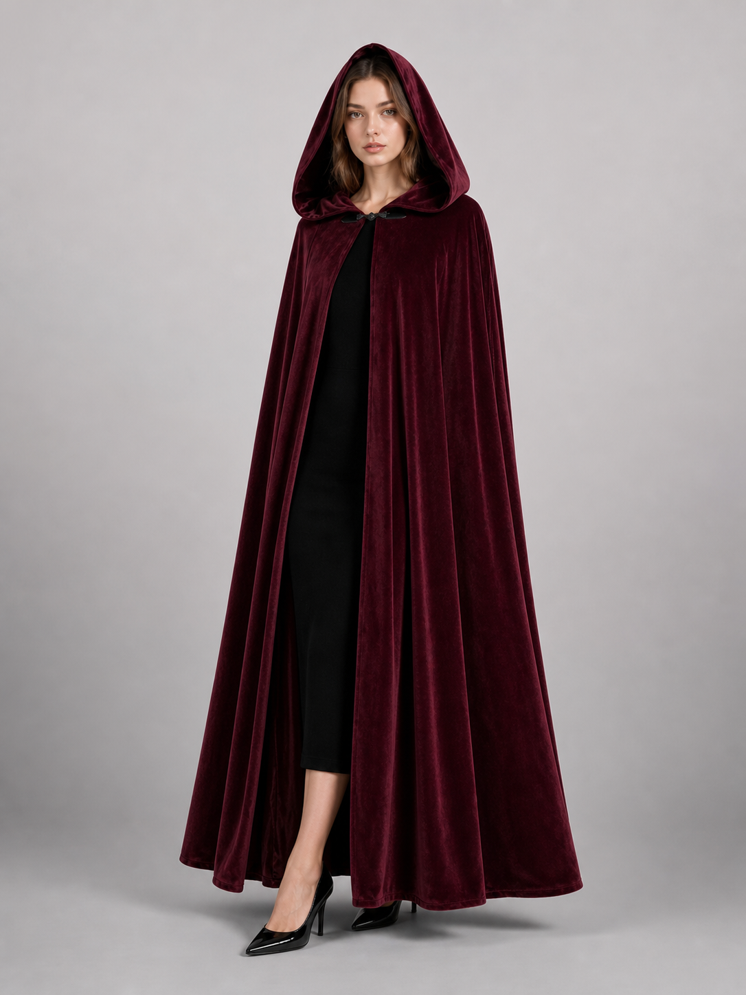 Burgundy Long Carnival Cloak with Hood