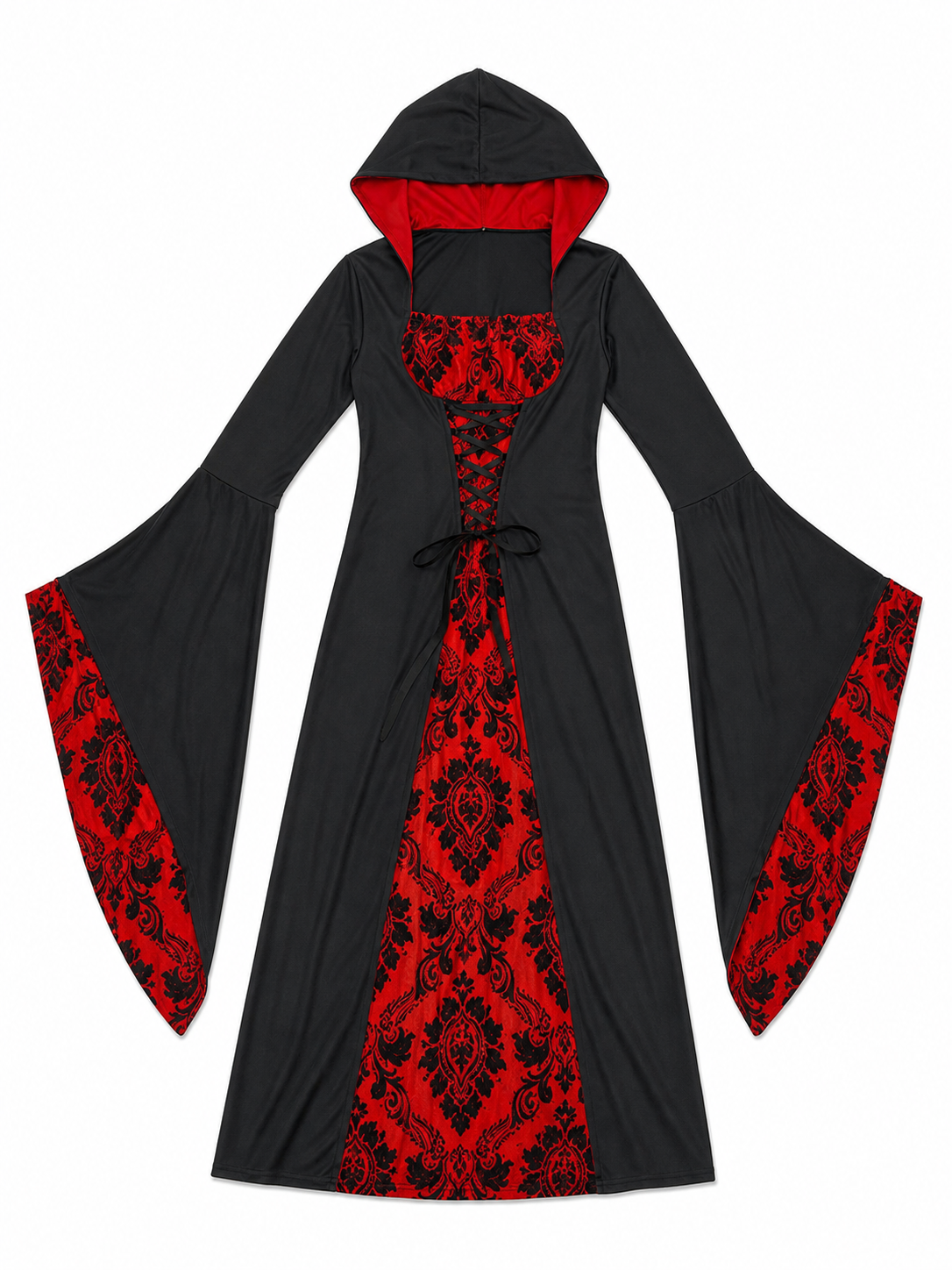 Gothic Hooded Dress with Red Pattern