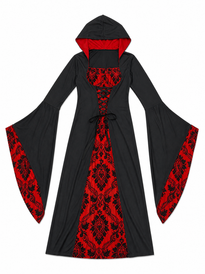 Gothic Hooded Dress with Red Pattern