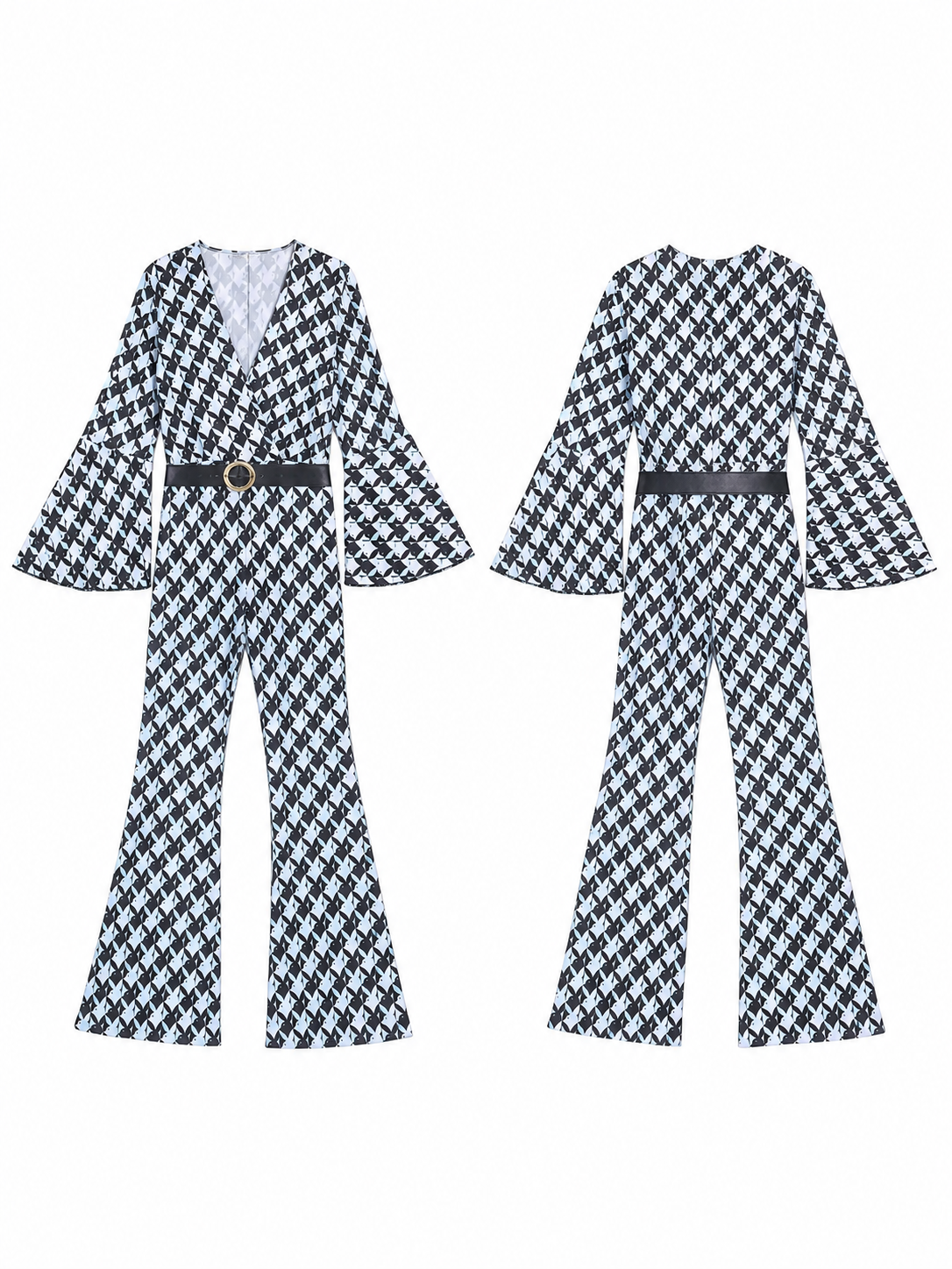 Retro Flared Jumpsuit with Geometric Print