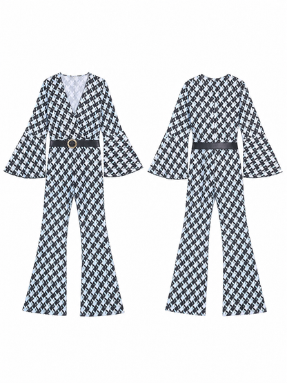Retro Flared Jumpsuit with Geometric Print