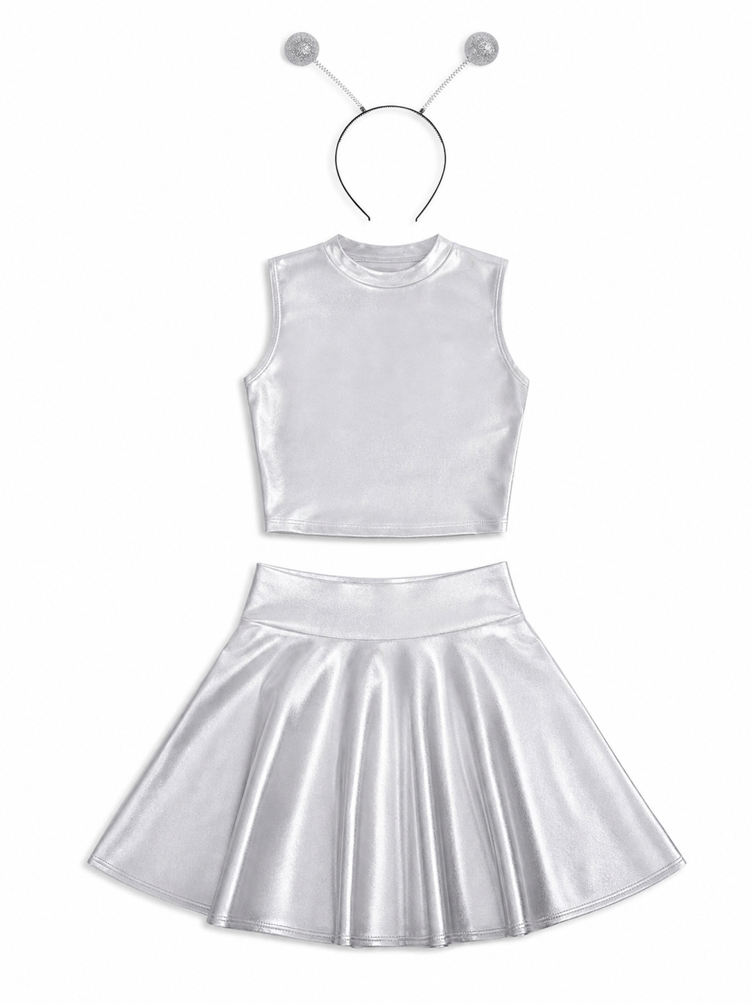 Silver stage costume: top, skirt, and headband