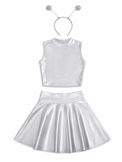 Silver stage costume: top, skirt, and headband