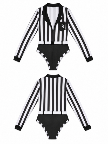 Striped Referee Jumpsuit with Deep V-Neck