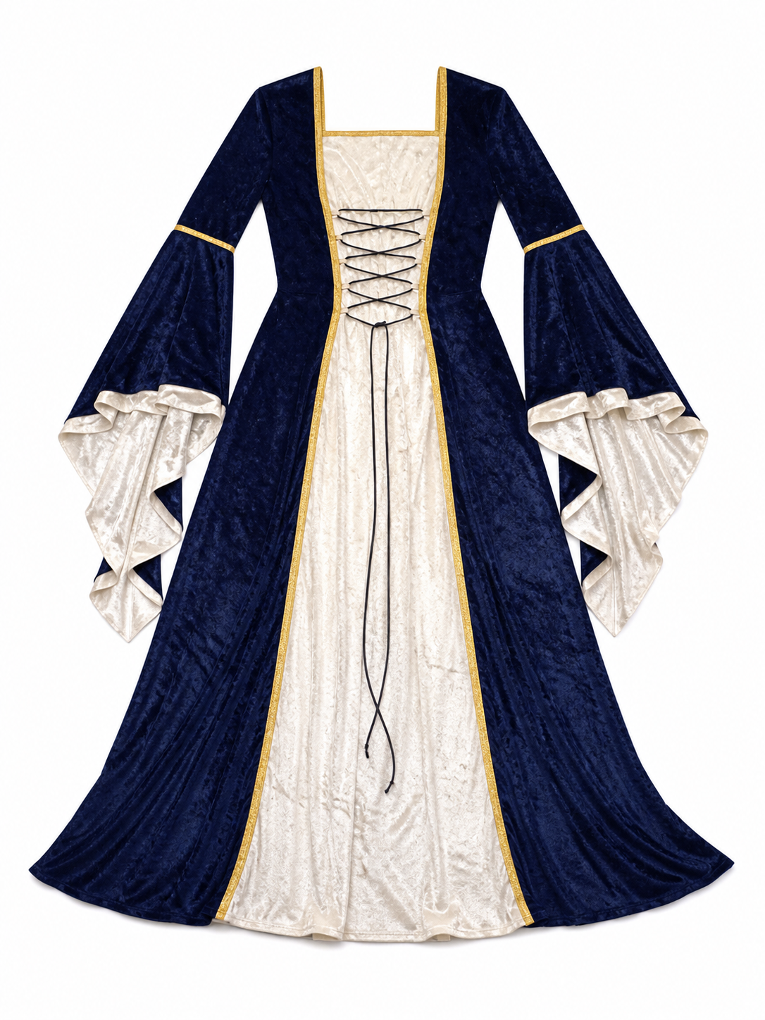 Gothic medieval-style dress made of textile fabric, featuring a floor-length design with a full skirt and flared sleeves. The sleeves are accented with tiered ruffles that emphasize the costume’s historical character. The main color is deep