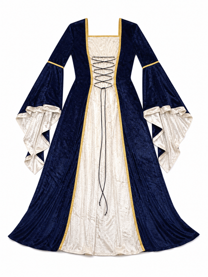 Gothic medieval-style dress made of textile fabric, featuring a floor-length design with a full skirt and flared sleeves. The sleeves are accented with tiered ruffles that emphasize the costume’s historical character. The main color is deep