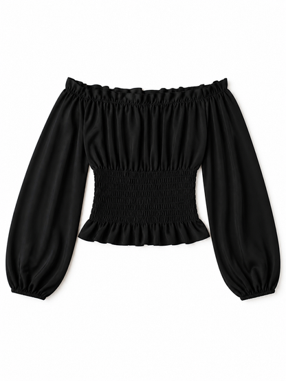 Black off-the-shoulder blouse with ruffles