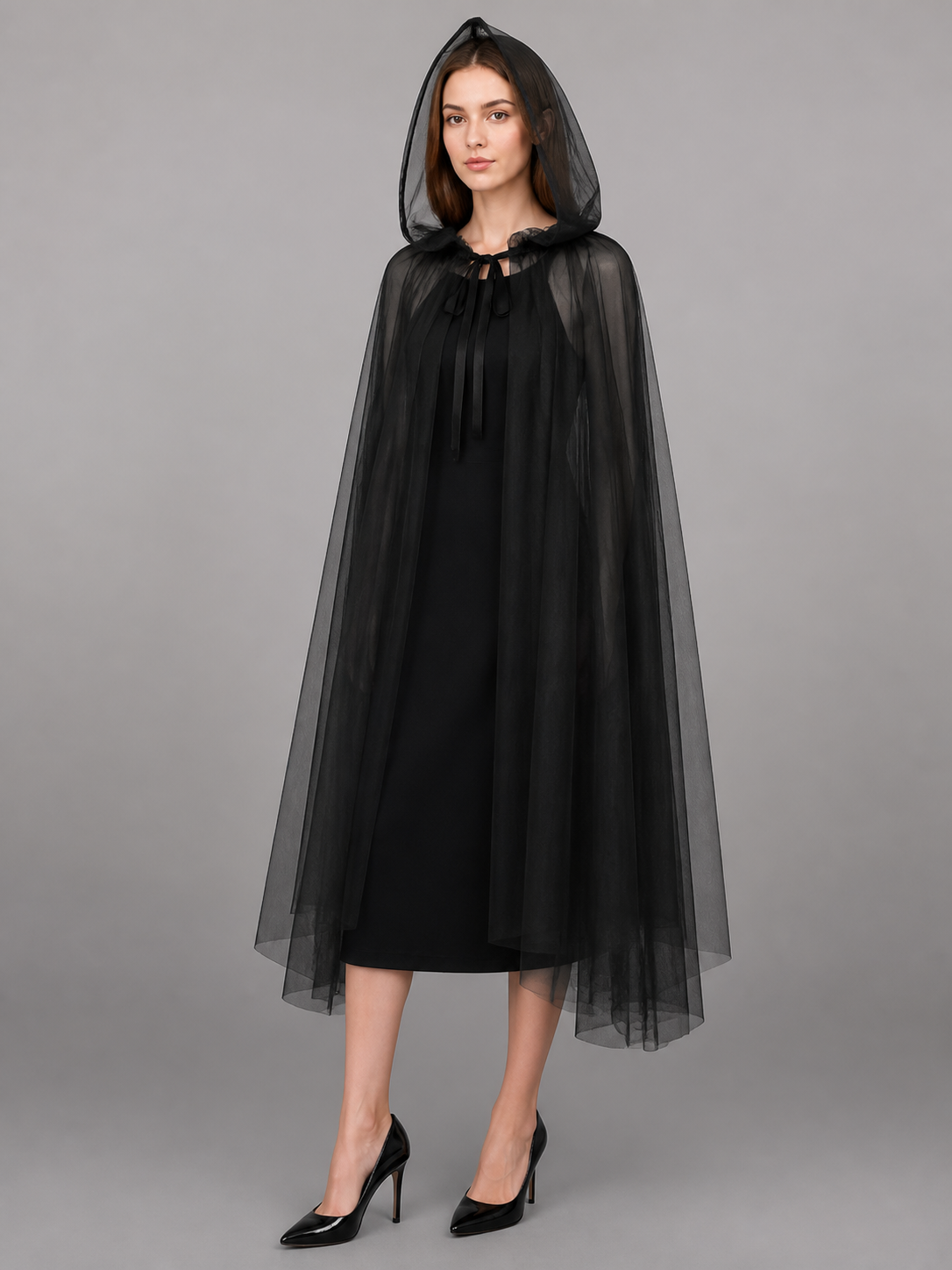 Black costume cloak with hood, layered mesh