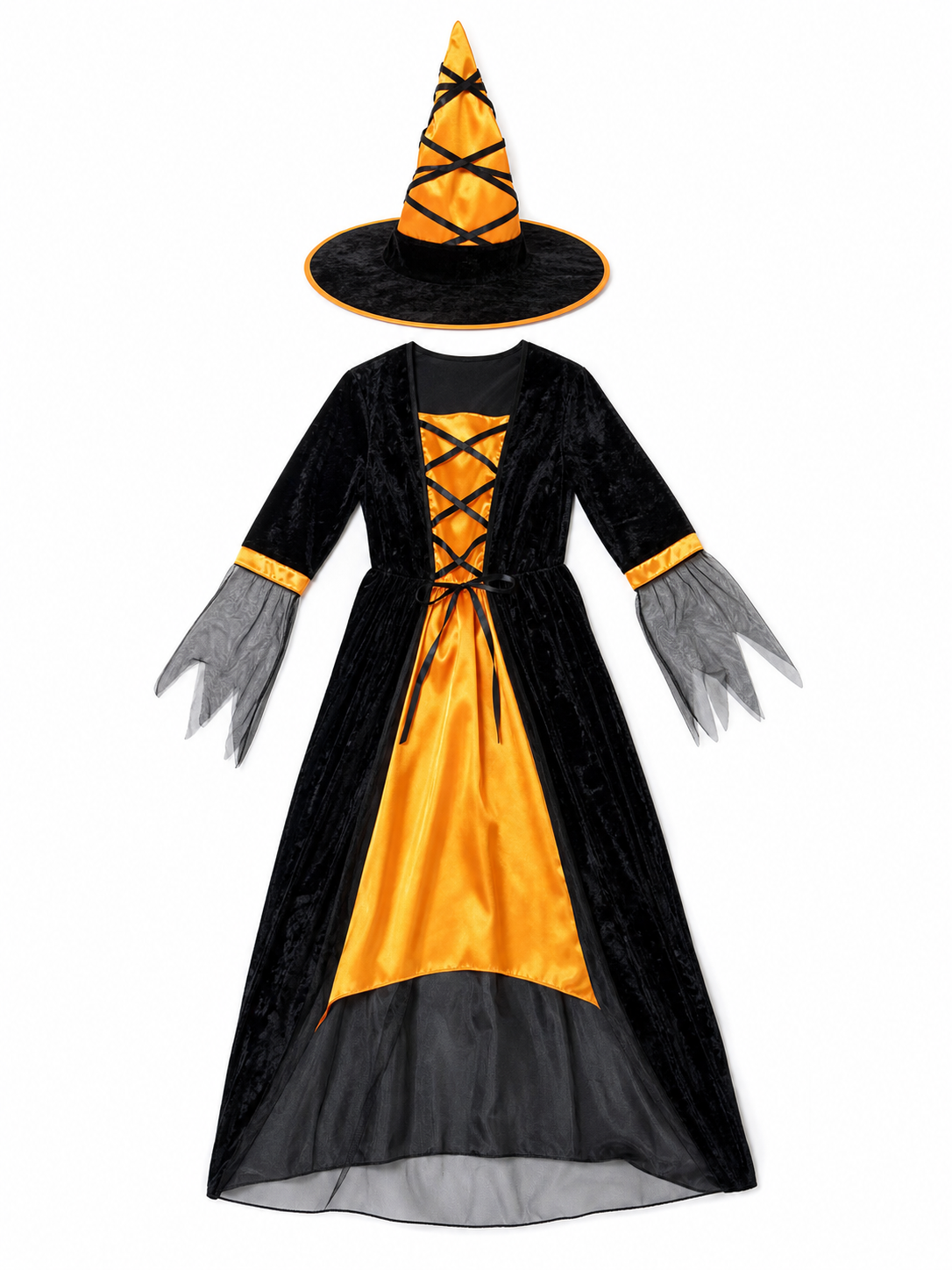 This Halloween costume includes a long dress and a pointed hat. The dress is in a black-and-orange color scheme: the center features a bright orange panel, and the black outer layer has a flared hem. The semi-sheer sleeves are decorated wit
