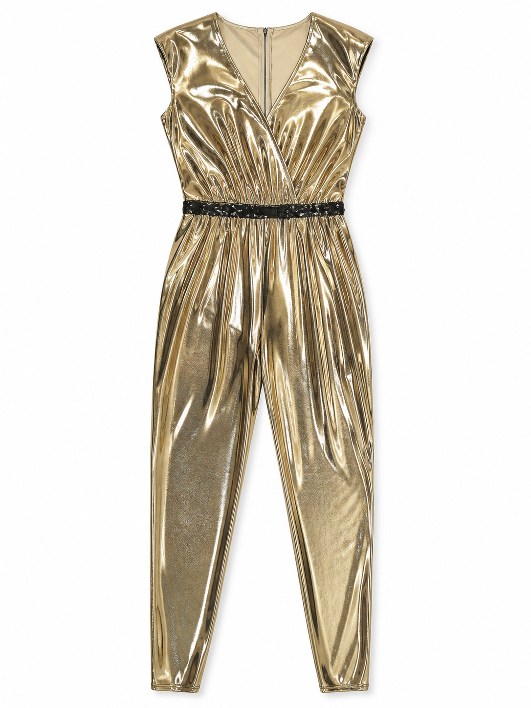 Gold Jumpsuit with a V-Neck and Black Decorative Ribbon