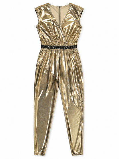 Gold Jumpsuit with a V-Neck and Black Decorative Ribbon