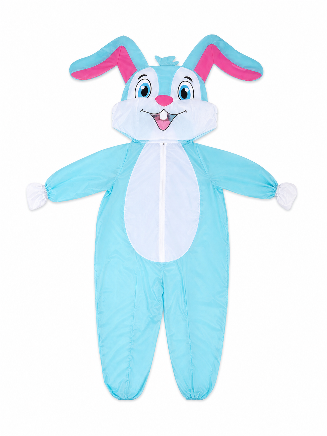 Full-body rabbit costume in a cartoon character style for Easter celebrations, costume parties, and performances. The look is done in light blue and white, with a white muzzle and oval belly patch accented by bright pink inner ears, nose, a