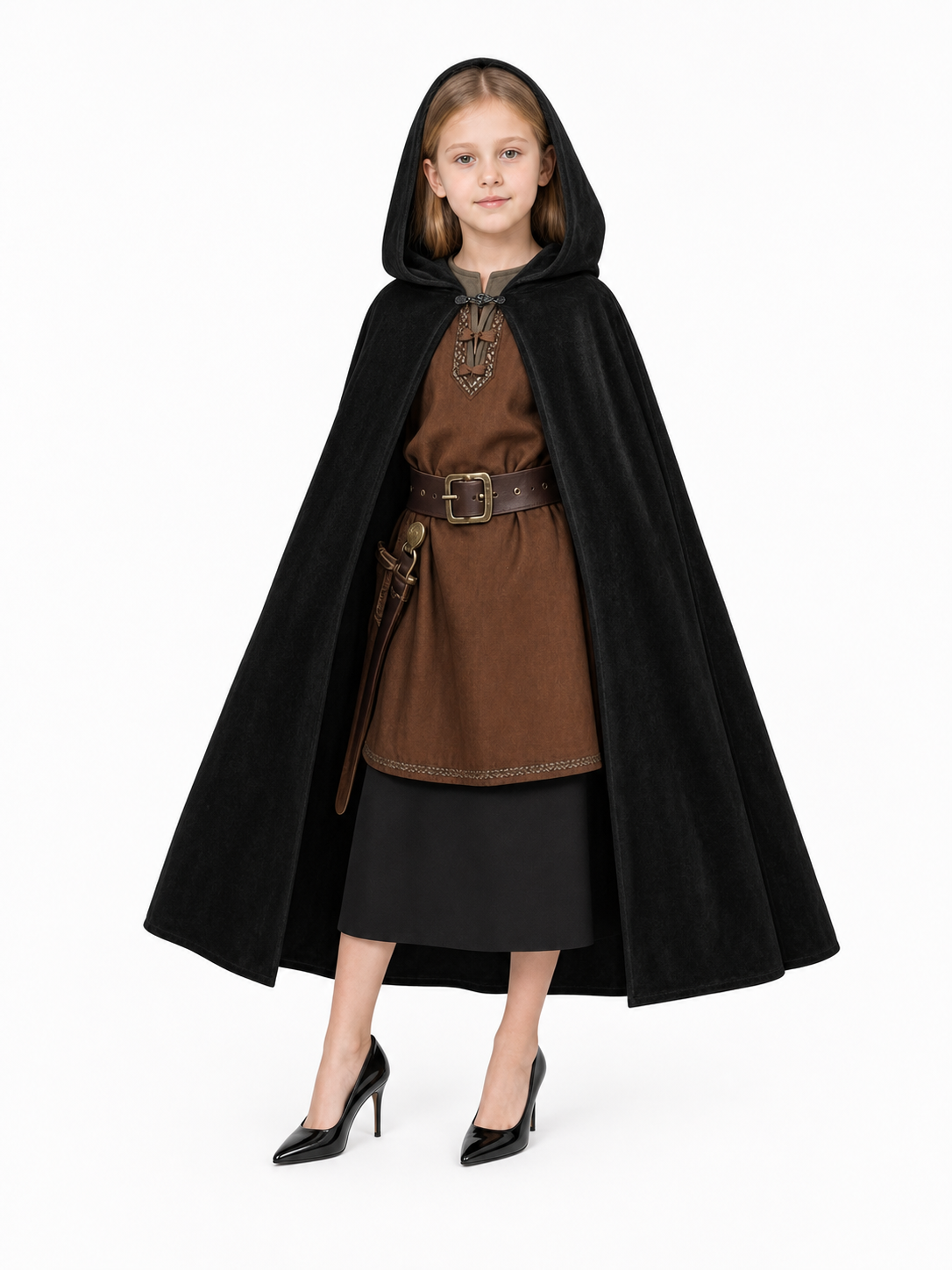 Black medieval hooded carnival cloak