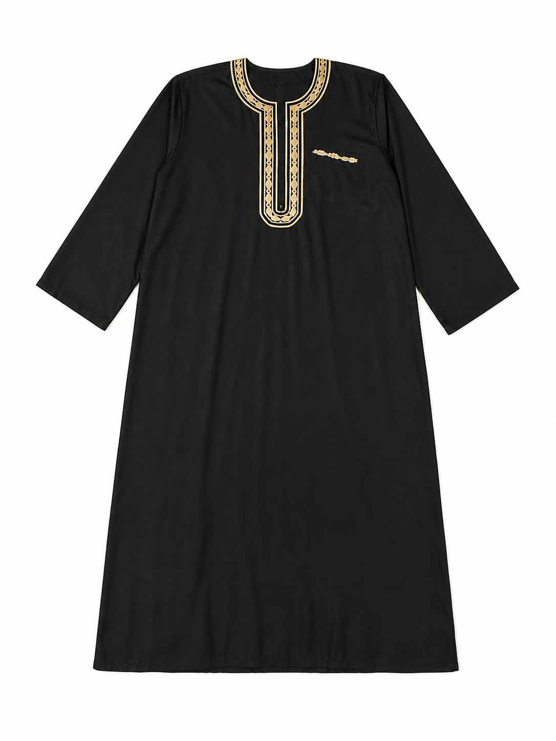 Long Black Abaya with Gold Collar Trim