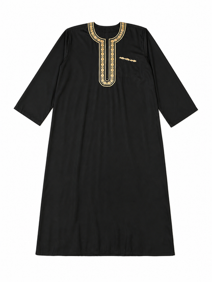 Long Black Abaya with Gold Collar Trim
