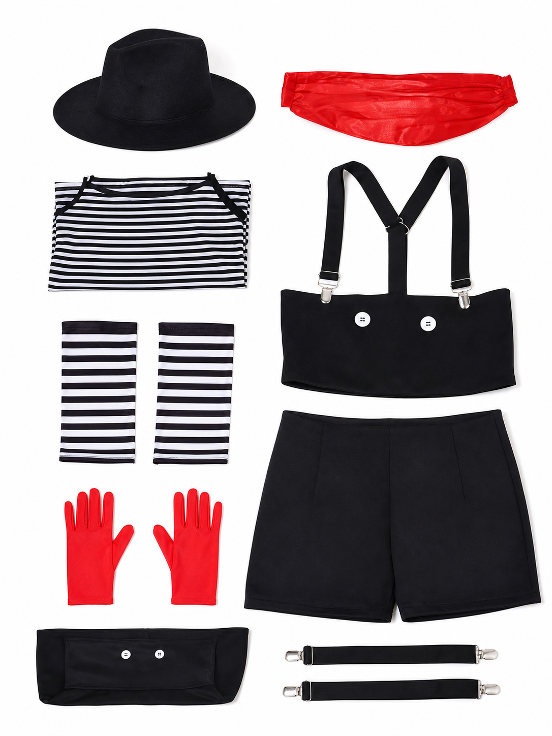 Mime Costume for Cosplay, Striped Set with Hat
