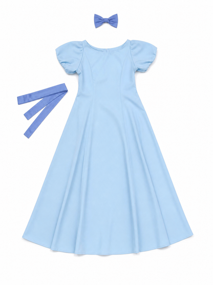 Peter Pan cosplay dress in light blue with contrasting purple-blue details. This style features a round neckline, short sleeves, and a long silhouette with a fitted upper body and a flared A-line skirt. The waist has contrasting ties that a