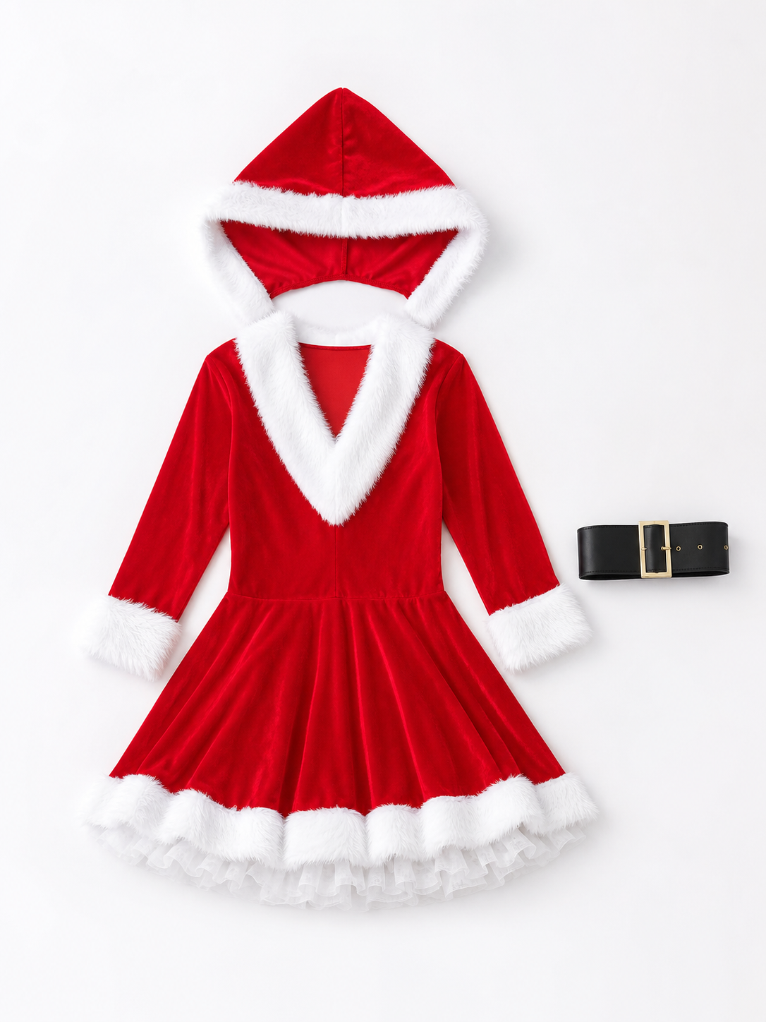 New Year's costume dress with white trim and a belt