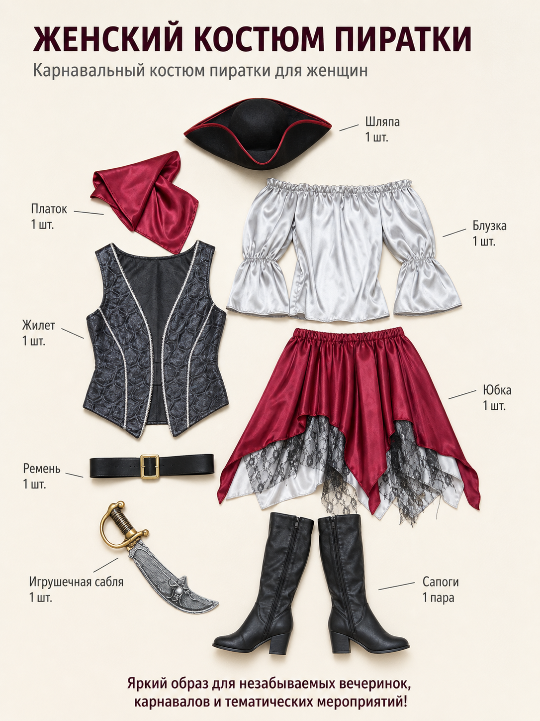 Pirate Cosplay Costume with Asymmetrical Skirt included items