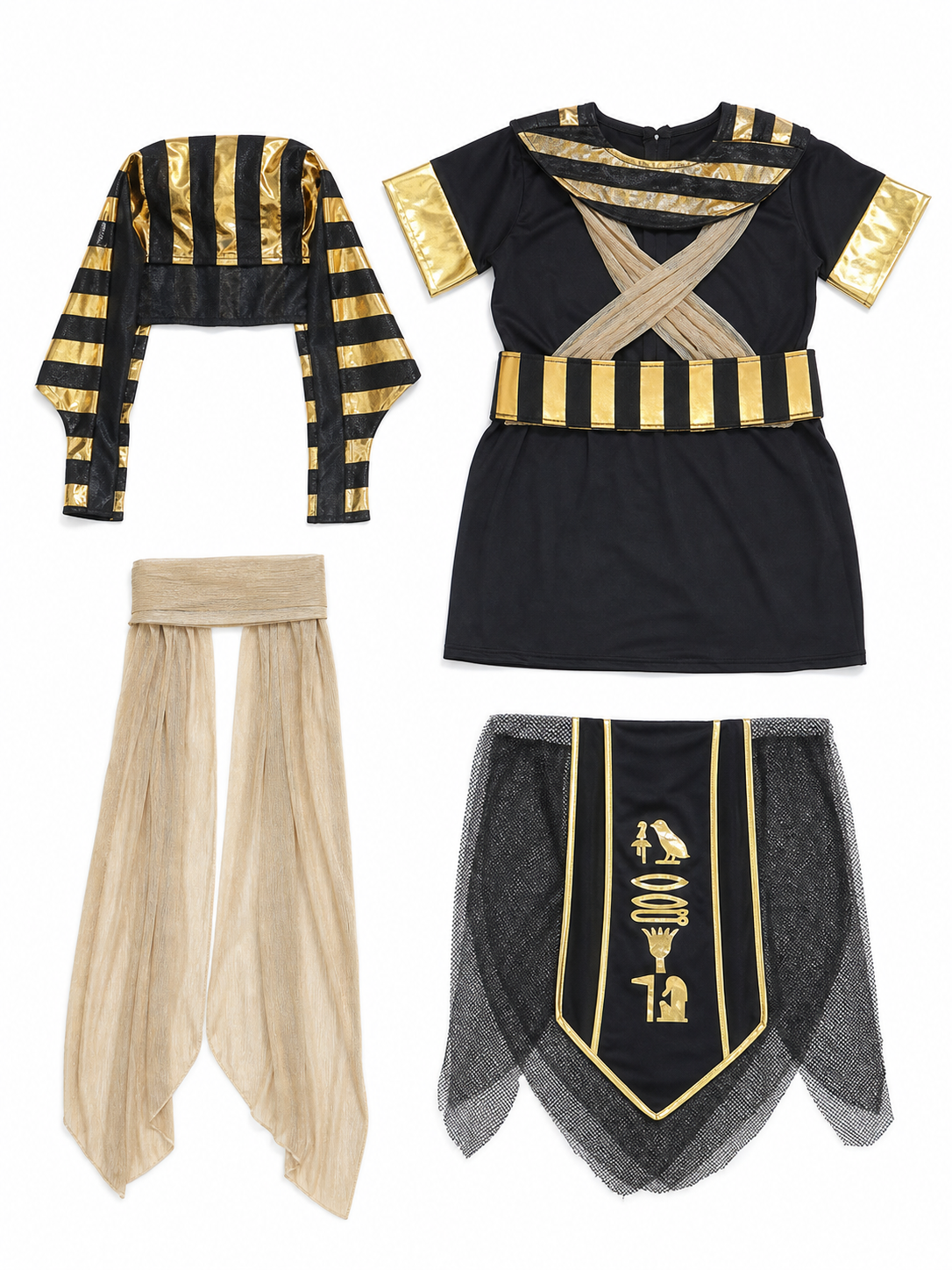 Adult Egyptian Pharaoh Costume Set, 4pcs Robe With Headdress Collar And Waist Belt, Black Gold Cosplay Outfit For Halloween Stage Performance