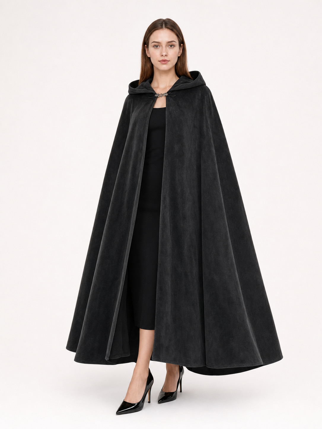 Long black hooded costume cloak