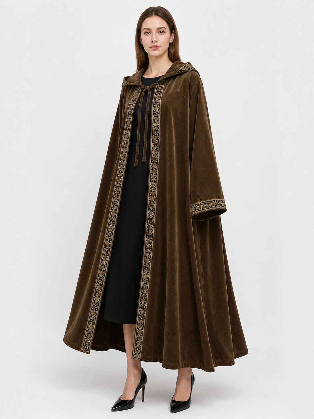 Long Hooded Robe, Brown, Loose Fit